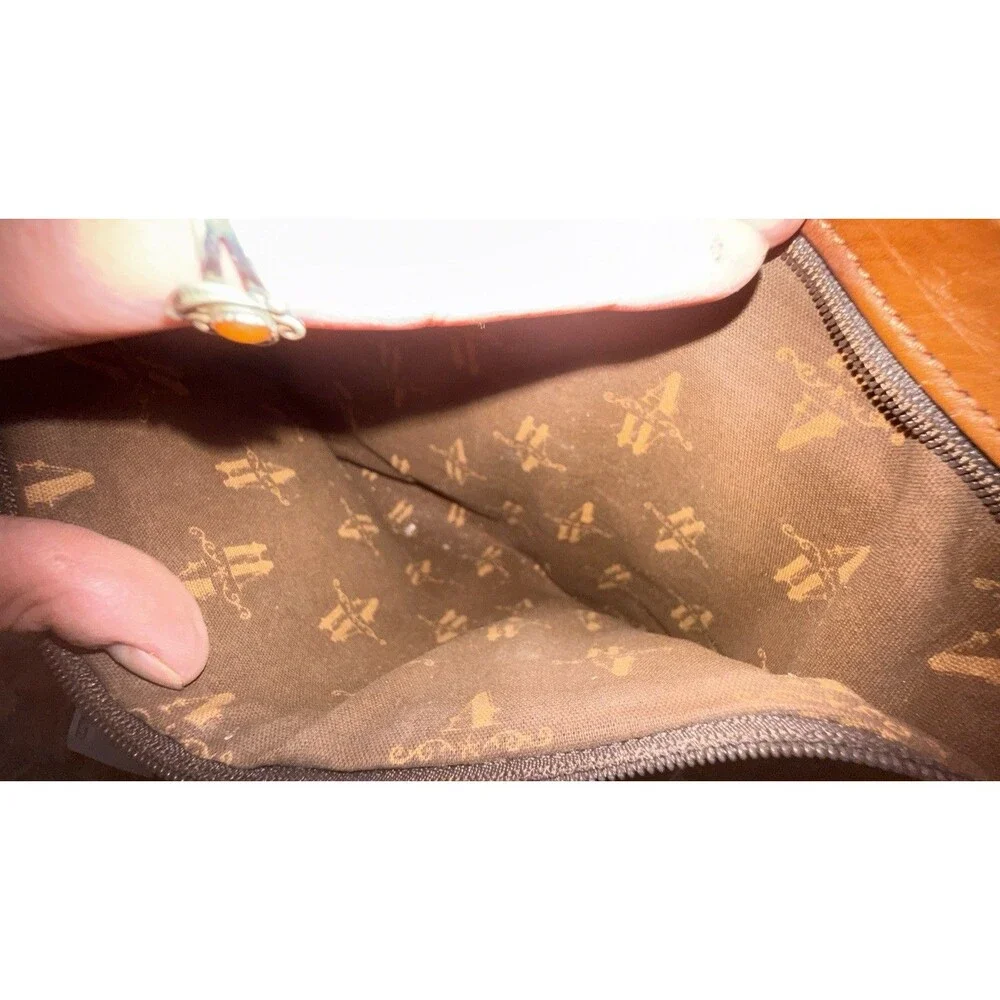 American West Vintage Hand Tooled Brown Leather Western Satchel Purse Multi Zip
